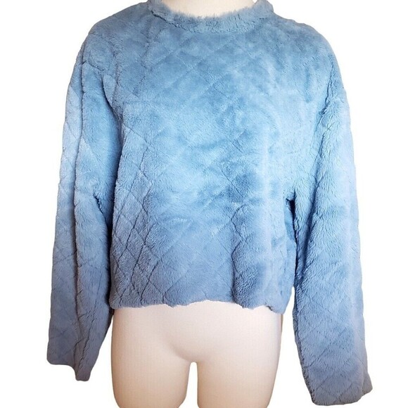 ZARA Blue Faux Fur Boho Quilted Sweater Cropped Y2K Boxy Womens Size M Fuzzy - Picture 3 of 11